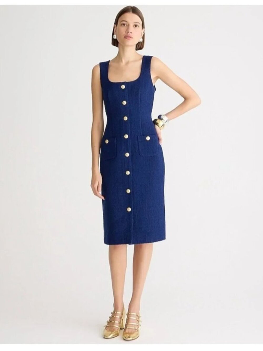 J. Crew Sophia Sleeveless Midi Dark Evening Blue Tweed Dress Size 14 Wool Office